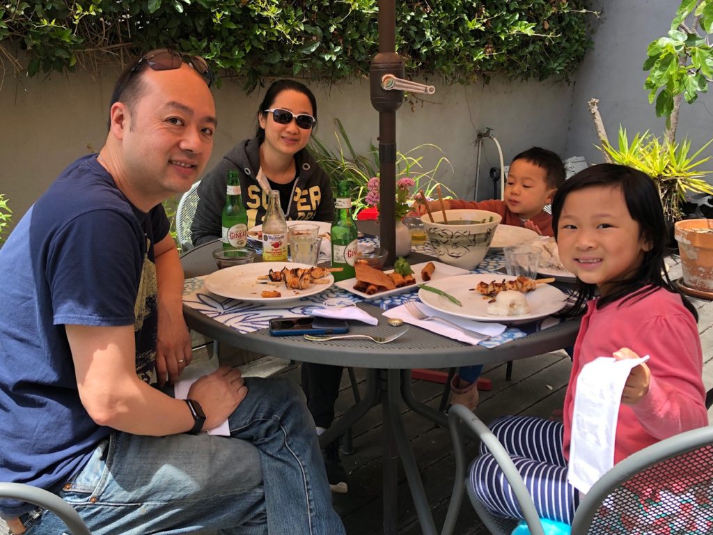 The visiting family table at our get-together was spaced apart from our own table.