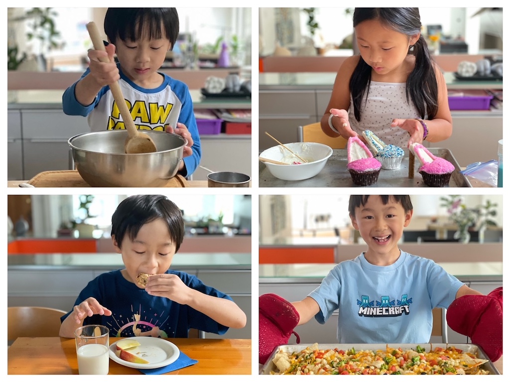 Kids working on baking projects.