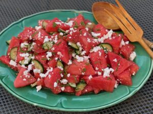 Watermelon feta salad features cucumber and mint.