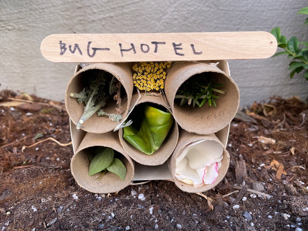 The bug hotel is filled with flowers and leaves, awaiting bug "guests."