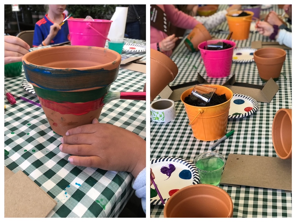 Kids paint pots, fill with dirt, and populate with plants at this birthday party.