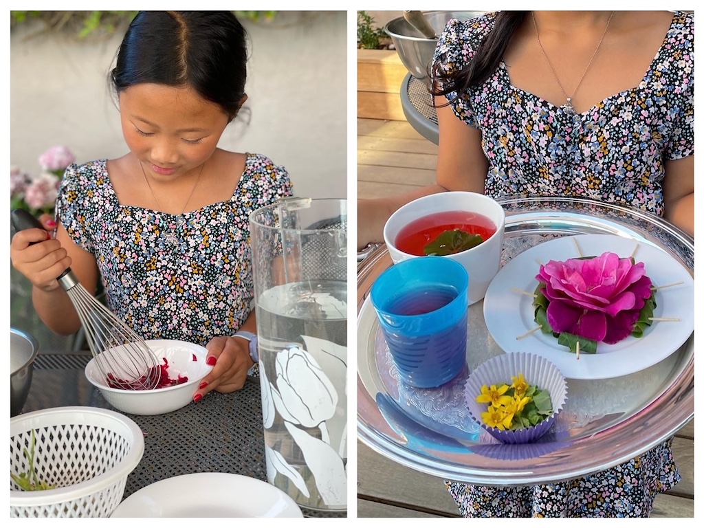 Child creates "food" from flowers and leaves to make works of art.