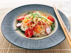 Somen salad is an easy main dish salad; it takes 1-2 minutes to cook the somen noodles.