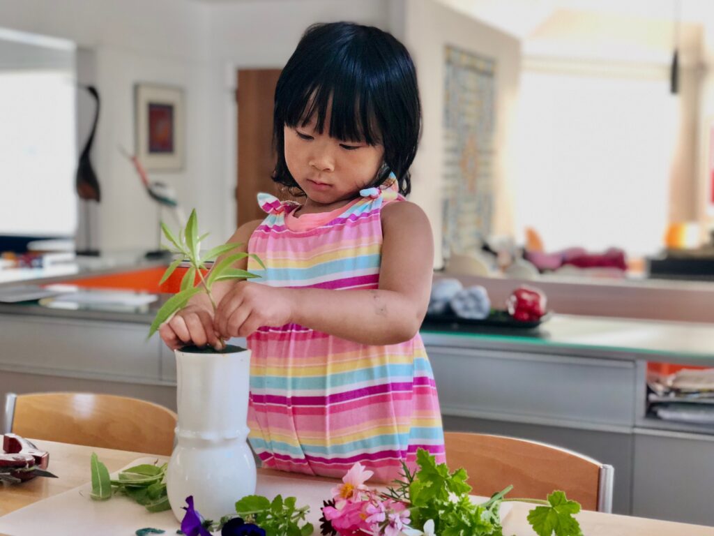 Five-year-old child makes a flower arrangement with cuttings from the garden.