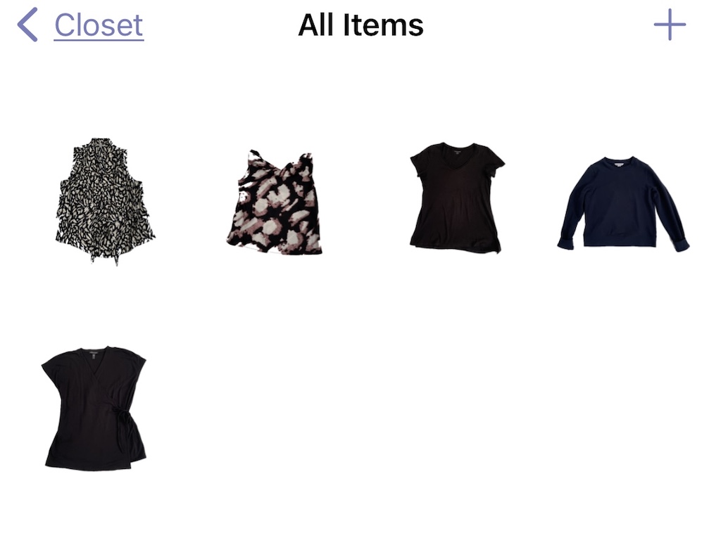 Clothes as seen in the "closet" of this fashion app. You photograph your own clothes and store the images digitally so you can plan out your wardrobe.