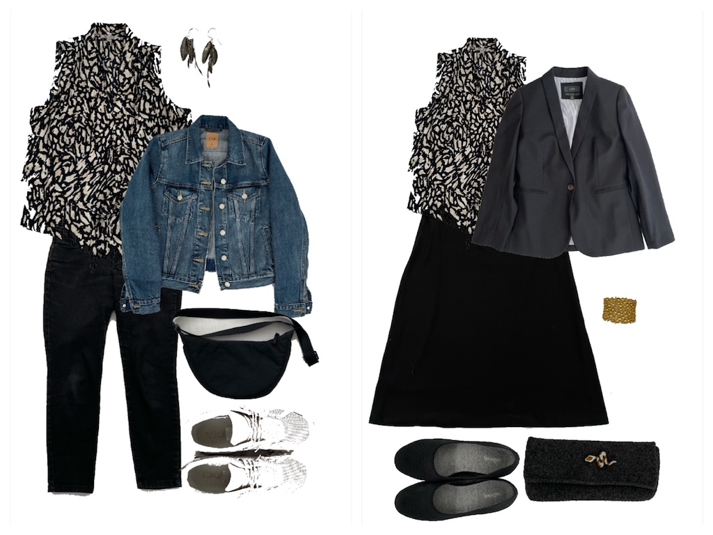 How to pack for vacation using tje Stylebook app. Daytime and nighttime treatments of the same blouse.