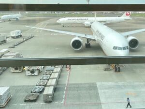 Japan Airlines airplanes at Haneda Airport, Tokyo.