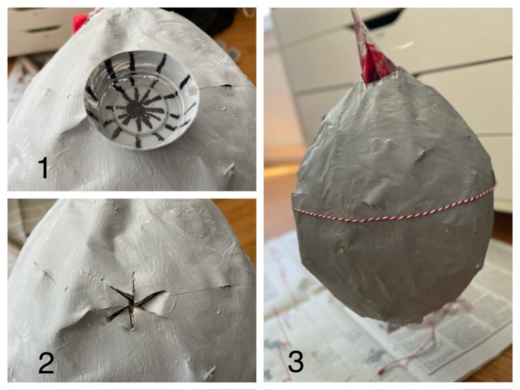 Close-up of steps to create the Death Star including making and inserting the superlaser emitter inset and marking the piñata to look like the Death Star.