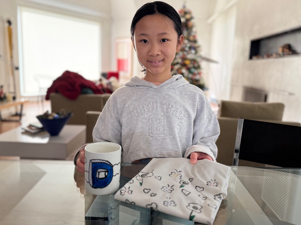 Two handmade Christmas gifts complete: mug for dad and sleep shirt for mom.