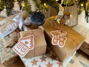 Kids' Christmas presents to parents wrapped and under the Christmas tree.