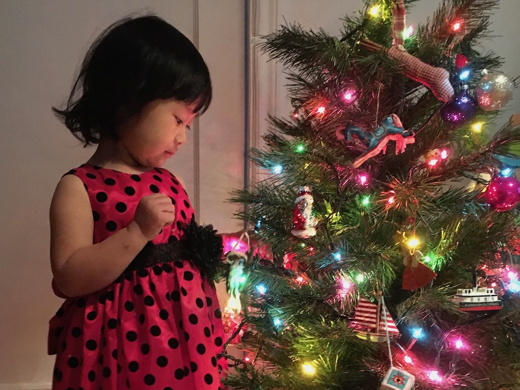 Small child decorates child-size Christmas tree.