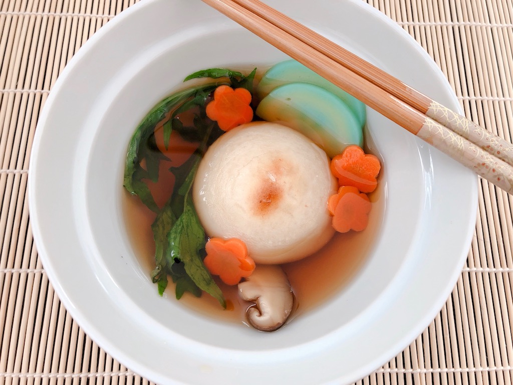 Ozoni, Japanese mochi soup, is enjoyed on New Year's Day for good luck and good health.