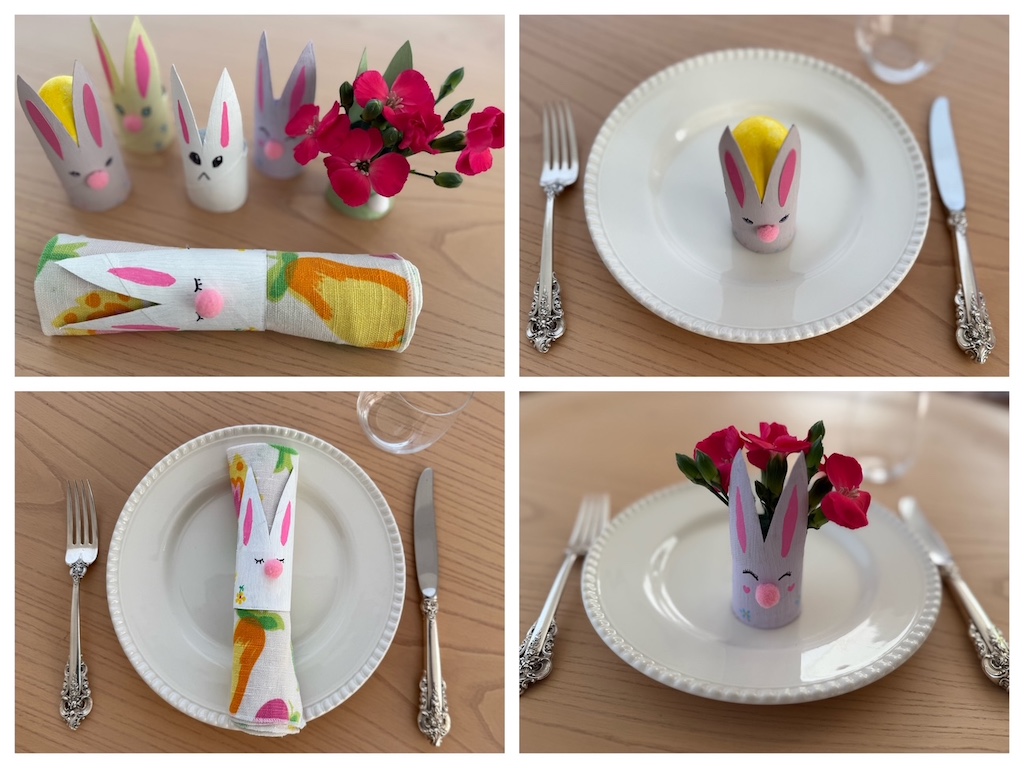 Place settings showing how Easter bunnies can be used: Easter egg carrier, napkin ring, and  mini flower vase.