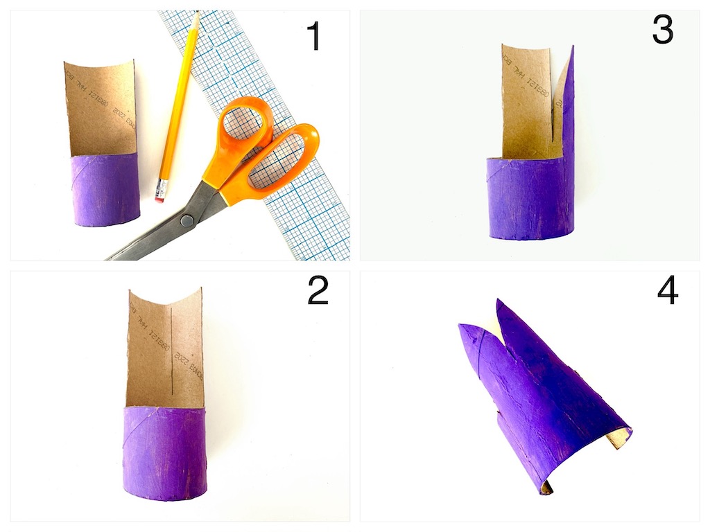 Steps to make a pattern for the toilet roll Easter bunny: cut out the back then cut out the ears.