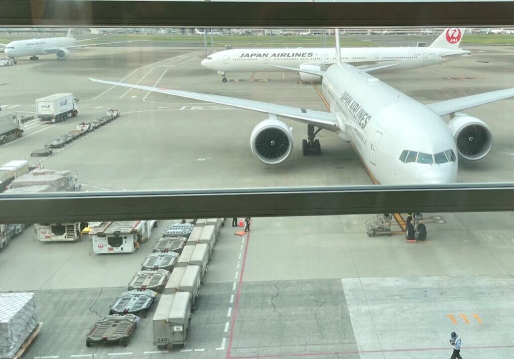 Japan Airlines airplanes at Haneda Airport, Tokyo.