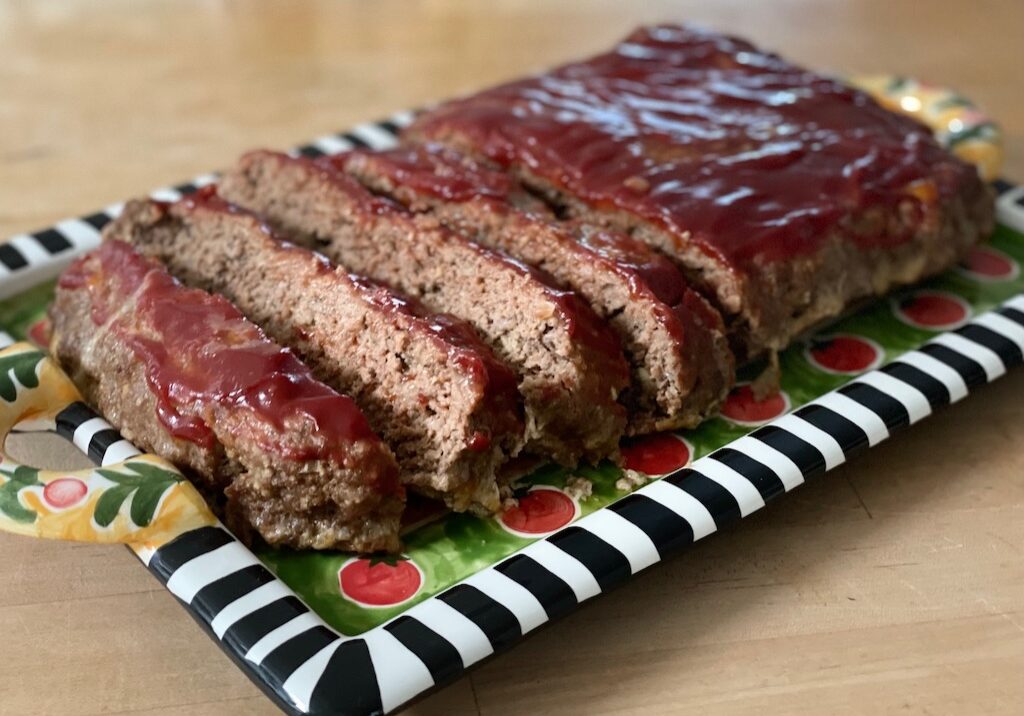 Make-ahead meatloaf is slathered in ketchup.